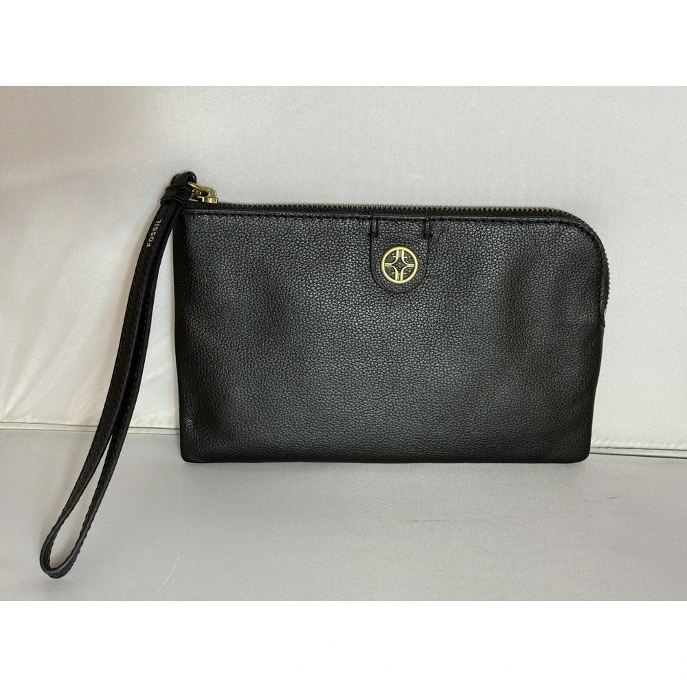 Fossil Sofia Leather Wristlet Clutch BlackPebbled  Zip Casual Travel Wedding